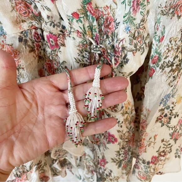 NWT Rococo Sand Ivory Floral Jane Wrap Mini Dress Wrap Beaded Tassel Tie Waist S - Picture 10 of 15